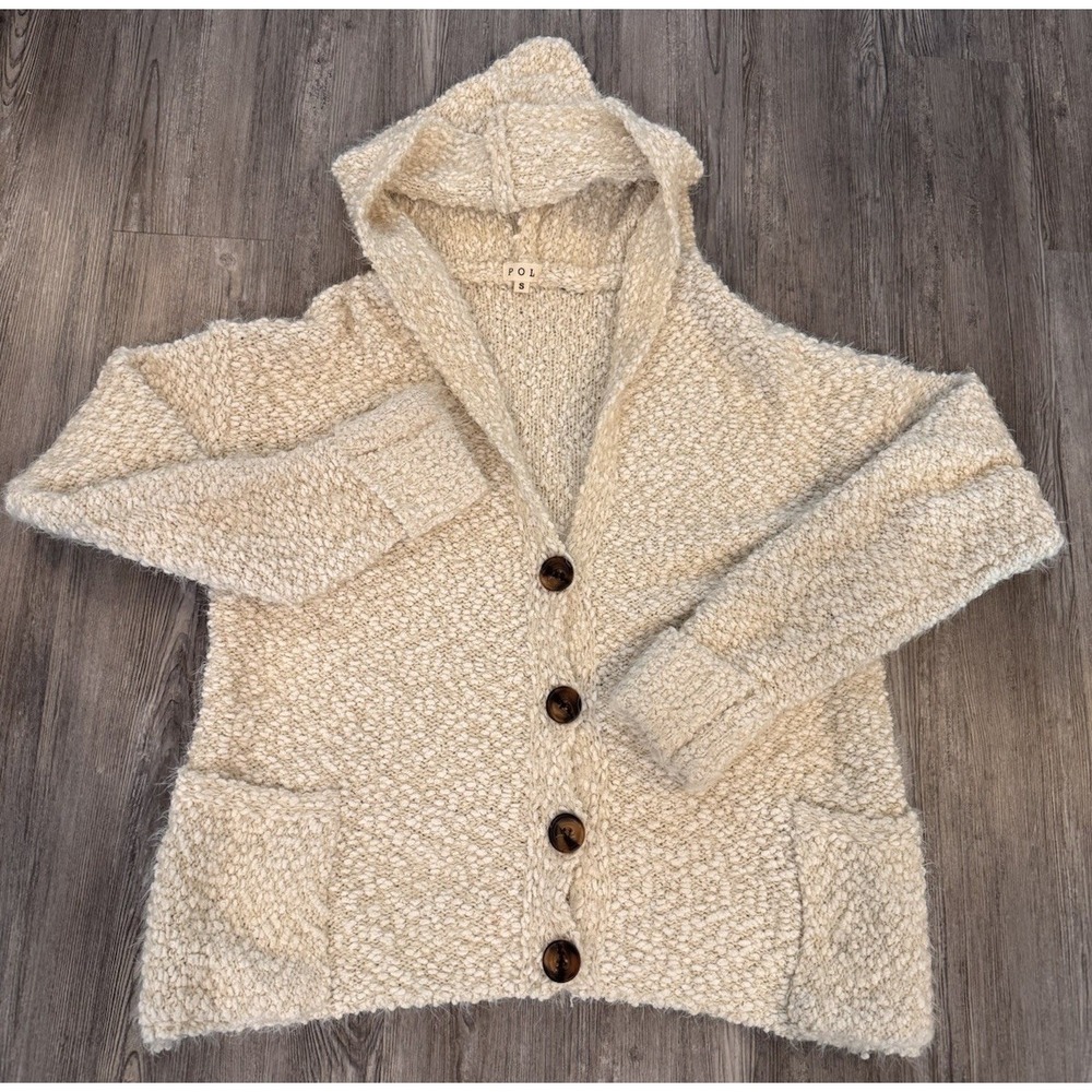 POL Women's Small Cream Boucle Eyelash Knit Hooded Cardigan Button Front Boho